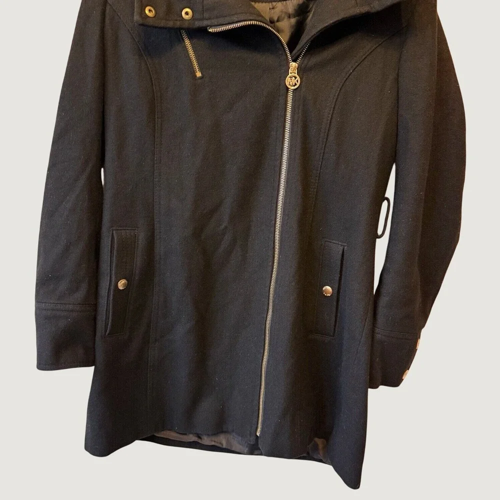 Michael Kors Asymmetrical Zip Hooded Coat Womens 6 Black Wool Blend‎ Gold Tone
